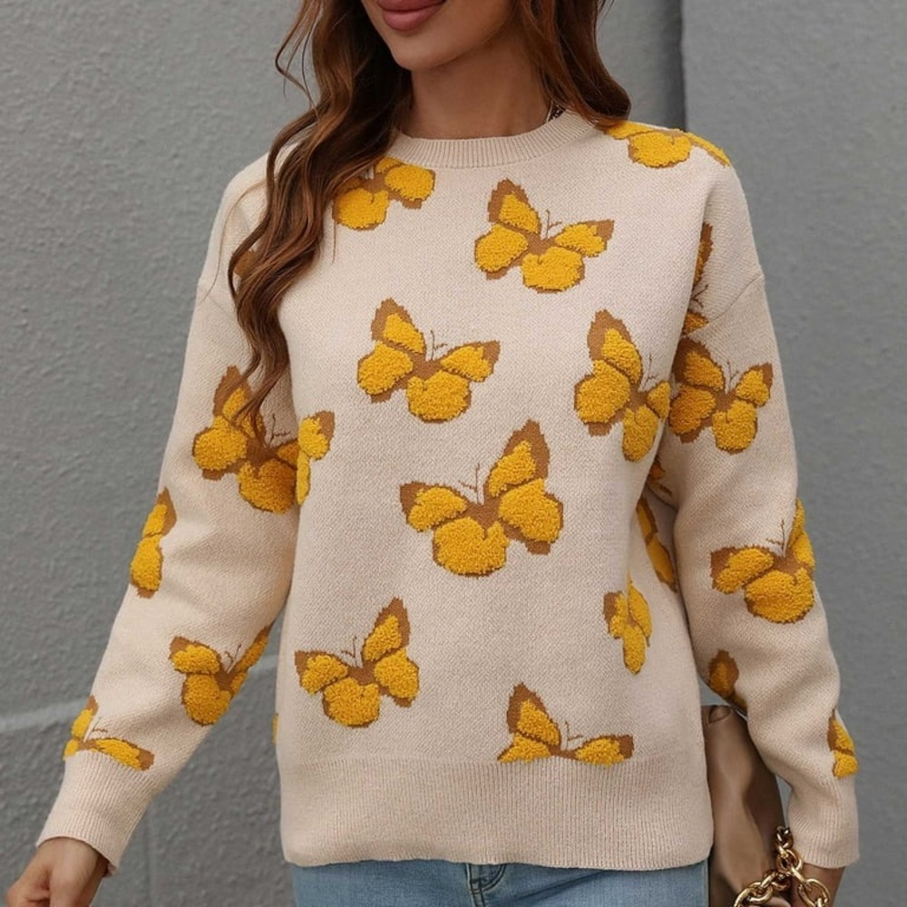 Long Sleeve Women’s Round Neck Butterfly Print Loose Knitted Sweater Large